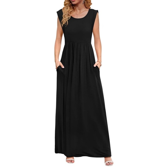 DB MOON Black Maxi Dress Empire Waist Cap Short Sleeve Sundress Pockets XL - Picture 1 of 7